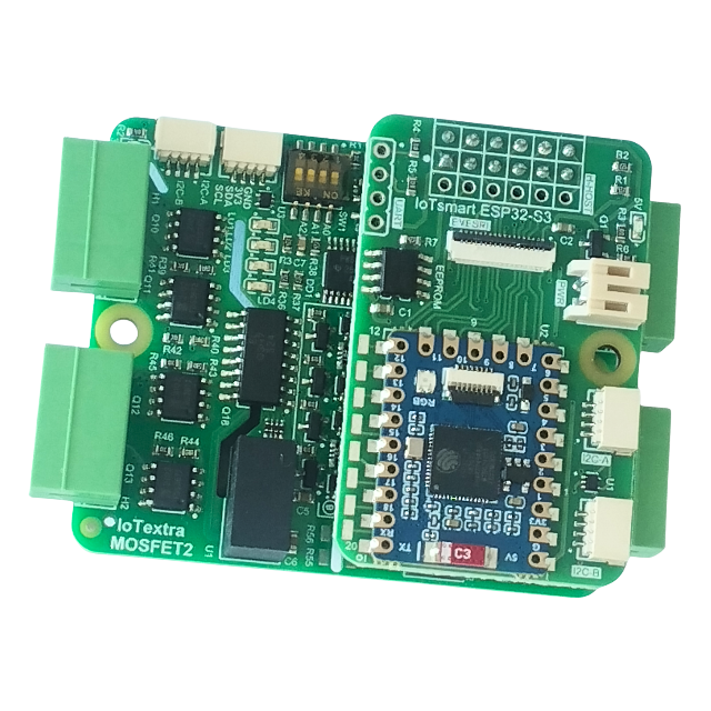 IoTextra MOSFET2 — 8-channel galvanically isolated N-channel MOSFET output module. Supply voltage: 5VDC, load up to 90V/9A, PWM capable. Control via GPIO or I²C (TCA9534). Compatible with ESP32-S3, RP2350, RP2040, Raspberry Pi, and IoTsmart. Supports Node-RED, IoTflow, Tasmota, and Home Assistant. Open Source Hardware.