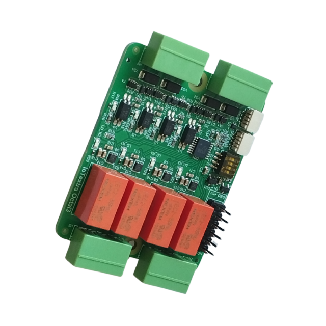 IoTextra Octal3 — 4-channel isolated digital input and 4-channel latching DPDT relay module. Supply voltage: 5VDC, relay contacts up to 250VAC / 220VDC / 2A. Digital inputs up to 36VDC. Control via GPIO (inputs) and I²C / TCA9534A / DRV8837C (relay outputs). Compatible with ESP32-S3, RP2350, RP2040, Raspberry Pi, and IoTsmart. Supports Node-RED, IoTflow, Tasmota, and Home Assistant. Open Source Hardware.