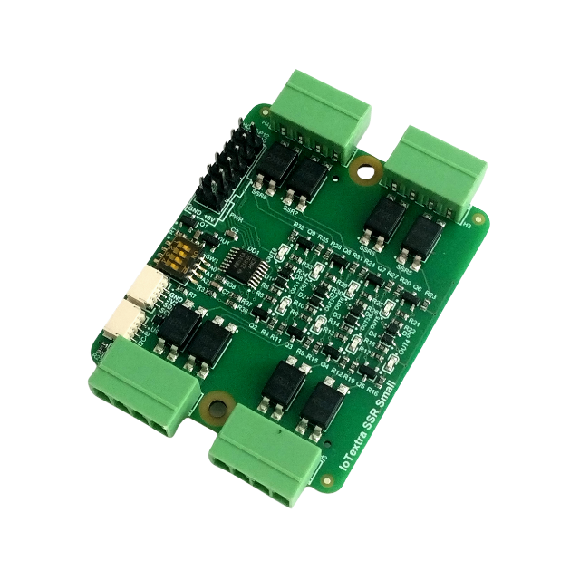 The IoTextra SSR Small module features 8 SPST-NO (1 Form A) SSRs. Load voltage: 30,40,60VDC,350VAC. Current: 0.12–4A. 5000Vrms isolation. Control via GPIO or I2C. Compatible with Raspberry, Arduino, Adafruit, XIAO, Teensy, Particle and other platforms. Can be used with IoTsmart or IoTbase modules. Open Source Hardware, Raspberry PICO, ESP32-S3, MicroPython, CircuitPython, Node-RED, Blynk, IoT, IIoT, Industry 4.0, embedded, Automation, Smart Home
