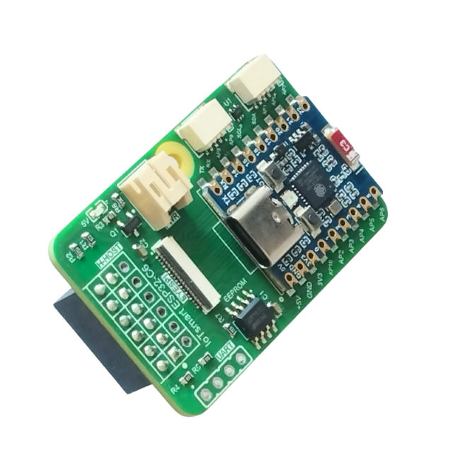 IoTsmart ESP32-C6 SoM controller — 3D rendered view. Espressif ESP32-C6, RISC-V, Wi-Fi 6, BLE 5, Zigbee 3.0, Thread. EYESPI display connector, dual Qwiic I²C, USB Type-C. Open Source Hardware.