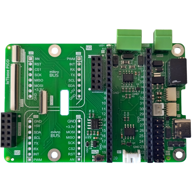 IoTbase PICO - carrier board for Raspberry PICO comparible board, Raspberry, PICO, PICO2, Pimoroni,  Waveshare, Waveshare RP2040 Plus, Waveshare RP2350 Plus, Waveshare ESP32-S3 PICO, Waveshare ESP32-C6 PICO, mezzanine, IoTextra, I2C, Open Source Hardware, IoT, IIoT, Industry 4.0, embedded, Automation, Smart Home, Node-RED, Blynk, IoTflow, MicroPython, CircuitPython, Espressif, Xtensa, wireless, WiFi, Bluetooth, BLE