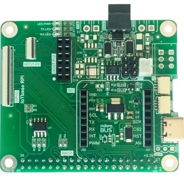 The IoTbase RPi is a carrier board for Raspberry Pi with a 12-pin HOST connector for IoTextra mezzanines, a mikroBUS™ slot, two Qwiic I2C connectors, and an optional RS485 interface. Non-isolated 9-36VDC or USB input power, EEPROM 8/64 Kbit, HAT-compatible 40-pin connector. Open Source Hardware, IoT, IIoT, Industry 4.0, embedded, Automation, Smart Home, Node-RED, Blynk, IoTflow, Python, Raspberry Pi OS