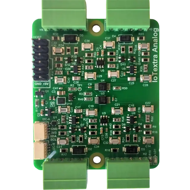 The IoTextra Analog module provides 4 differential analog input channels via two ADS1115 (16-bit ADC) on a single board. Input via GPIO or I2C (via Qwiic connectors). Compatible with Raspberry, Arduino, Adafruit, XIAO, Teensy, Particle and other platforms. Can be used with IoTsmart or IoTbase modules. Open Source Hardware, Raspberry PICO, ESP32-S3, MicroPython, CircuitPython, Tasmota, Node-RED, Blynk, IoTflow, IoT, IIoT, Industry 4.0, embedded, Automation, Smart Home