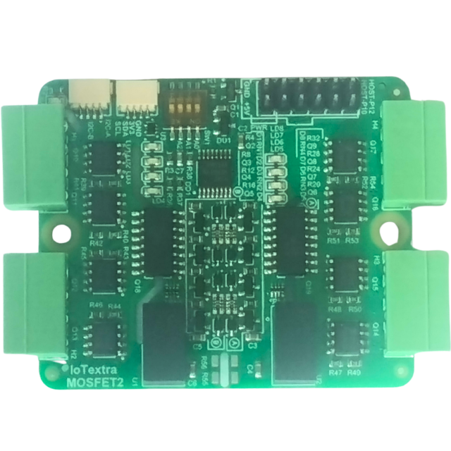 IoTextra MOSFET2 — 8-channel galvanically isolated N-channel MOSFET output module. Supply voltage: 5VDC, load up to 90V/9A, PWM capable. Control via GPIO or I²C (TCA9534). Compatible with ESP32-S3, RP2350, RP2040, Raspberry Pi, and IoTsmart. Supports Node-RED, IoTflow, Tasmota, and Home Assistant. Open Source Hardware.