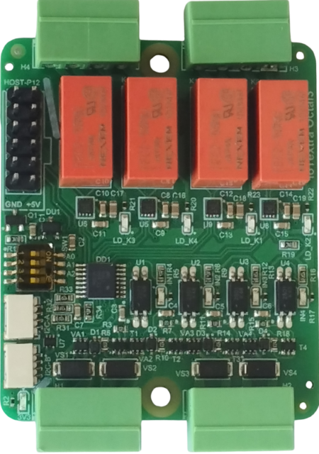 IoTextra Octal3 — 4-channel isolated digital input and 4-channel latching DPDT relay module. Supply voltage: 5VDC, relay contacts up to 250VAC / 220VDC / 2A. Digital inputs up to 36VDC. Control via GPIO (inputs) and I²C / TCA9534A / DRV8837C (relay outputs). Compatible with ESP32-S3, RP2350, RP2040, Raspberry Pi, and IoTsmart. Supports Node-RED, IoTflow, Tasmota, and Home Assistant. Open Source Hardware.