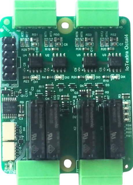 IoTextra Octal4 — 4-channel isolated digital input and 4-channel SPDT relay module.  Inputs field-configurable 12/18/24/36 VDC per channel via solder jumpers. Relay contacts 250 VAC / 30 VDC / 5 A. Control via GPIO and I²C.   Compatible with ESP32-S3, RP2350, RP2040, Raspberry Pi, and IoTsmart. Supports Node-RED, IoTflow, Tasmota, and Home Assistant. Open Source Hardware.