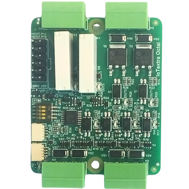 The IoTextra Octal hybrid module features 4 isolated digital inputs, 2 robust transistor outputs, and 2 SPST electromechanical relays. Input voltage: 5-36VDC. Versatile switching for both high-speed and high-load tasks. Compatible with Raspberry Pi, Raspberry Pi Pico, Arduino, ESP32, IoTsmart, and IoTbase. Open Source Hardware. Supports Node-RED, Tasmota, and MicroPython.
