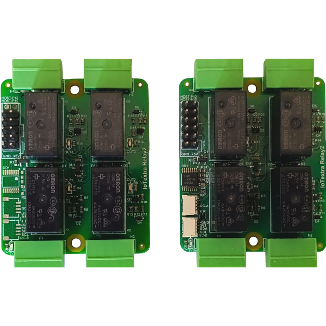 The IoTextra Relay2 module has four ALQ105, G5Q-14, HF33F/005-ZS3 or PE014005 relays. Rated resistive load: 10A 250VAC or 30VDC. Contact form: SPDT (1 Form C). Compatible with Raspberry, Arduino, Adafruit, XIAO, Teensy, Particle and and other platforms. Can be used with IoTsmart or IoTbase modules. Open Source Hardware, Raspberry PICO, ESP32-S3, MicroPython, CircuitPython, Node-RED, Blynk, IoT, IIoT, Industry 4.0, embedded, Automation, Smart Home