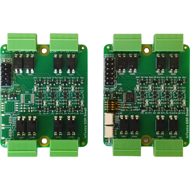 The IoTextra SSR Small module features 8 SPST-NO (1 Form A) SSRs. Load voltage: 30,40,60VDC,350VAC. Current: 0.12–4A. 5000Vrms isolation. Control via GPIO or I2C. Compatible with Raspberry, Arduino, Adafruit, XIAO, Teensy, Particle and other platforms. Can be used with IoTsmart or IoTbase modules. Open Source Hardware, Raspberry PICO, ESP32-S3, MicroPython, CircuitPython, Node-RED, Blynk, IoT, IIoT, Industry 4.0, embedded, Automation, Smart Home