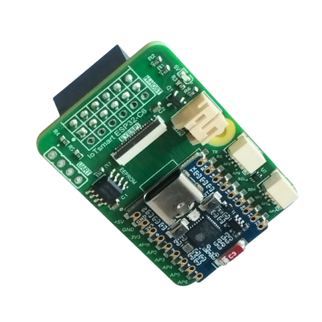 IoTsmart ESP32-C6 SoM controller — 3D rendered view, alternate angle. H-HOST/V-HOST connector, onboard EEPROM. Compatible with all IoTextra mezzanine modules. Open Source Hardware.