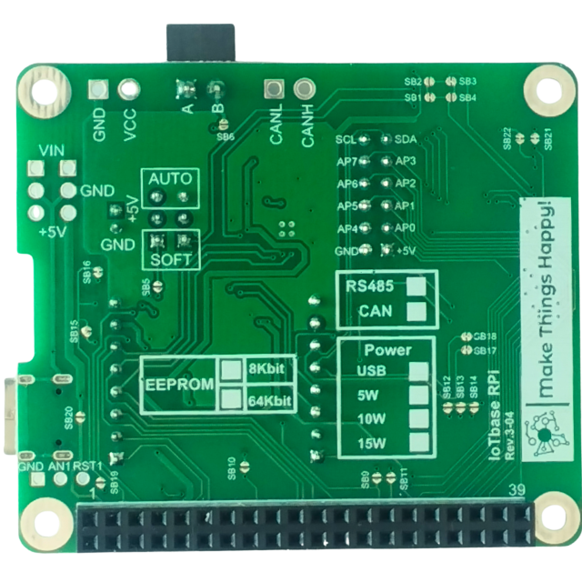 The IoTbase RPi is a carrier board for Raspberry Pi with a 12-pin HOST connector for IoTextra mezzanines, a mikroBUS™ slot, two Qwiic I2C connectors, and an optional RS485 interface. Non-isolated 9-36VDC or USB input power, EEPROM 8/64 Kbit, HAT-compatible 40-pin connector. Open Source Hardware, IoT, IIoT, Industry 4.0, embedded, Automation, Smart Home, Node-RED, Blynk, IoTflow, Python, Raspberry Pi OS