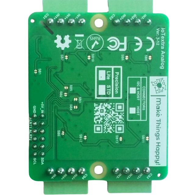 The IoTextra Analog module provides 4 differential analog input channels via two ADS1115 (16-bit ADC) on a single board. Input via GPIO or I2C (via Qwiic connectors). Compatible with Raspberry, Arduino, Adafruit, XIAO, Teensy, Particle and other platforms. Can be used with IoTsmart or IoTbase modules. Open Source Hardware, Raspberry PICO, ESP32-S3, MicroPython, CircuitPython, Tasmota, Node-RED, Blynk, IoTflow, IoT, IIoT, Industry 4.0, embedded, Automation, Smart Home
