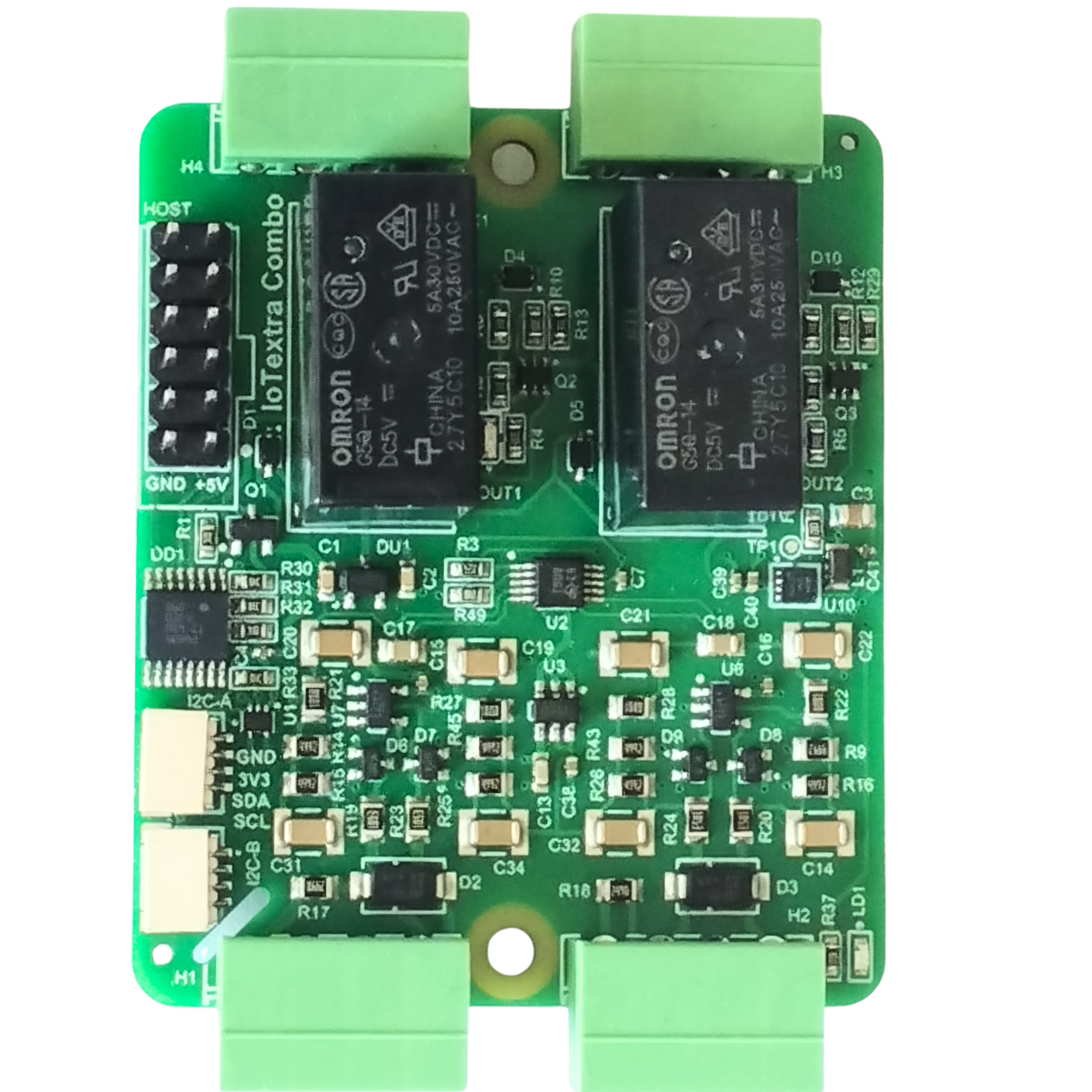 The IoTextra Combo module combines 2 analog differential inputs (via ADS1115, 16-bit) and 2 SPDT  relay outputs on a single board. Input via GPIO or I2C (via Qwiic connectors). Compatible with Raspberry, Arduino, Adafruit, XIAO, Teensy, Particle and other platforms. Can be used with IoTsmart or IoTbase modules. Open Source Hardware, Raspberry PICO, ESP32-S3, MicroPython, CircuitPython, Tasmota, Node-RED, Blynk, IoTflow, IoT, IIoT, Industry 4.0, embedded, Automation, Smart Home