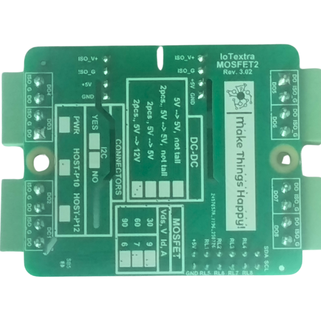 IoTextra MOSFET2 — 8-channel galvanically isolated N-channel MOSFET output module. Supply voltage: 5VDC, load up to 90V/9A, PWM capable. Control via GPIO or I²C (TCA9534). Compatible with ESP32-S3, RP2350, RP2040, Raspberry Pi, and IoTsmart. Supports Node-RED, IoTflow, Tasmota, and Home Assistant. Open Source Hardware.