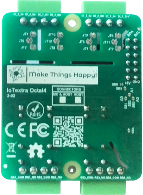 IoTextra Octal4 — 4-channel isolated digital input and 4-channel SPDT relay module.  Inputs field-configurable 12/18/24/36 VDC per channel via solder jumpers. Relay contacts 250 VAC / 30 VDC / 5 A. Control via GPIO and I²C.   Compatible with ESP32-S3, RP2350, RP2040, Raspberry Pi, and IoTsmart. Supports Node-RED, IoTflow, Tasmota, and Home Assistant. Open Source Hardware.