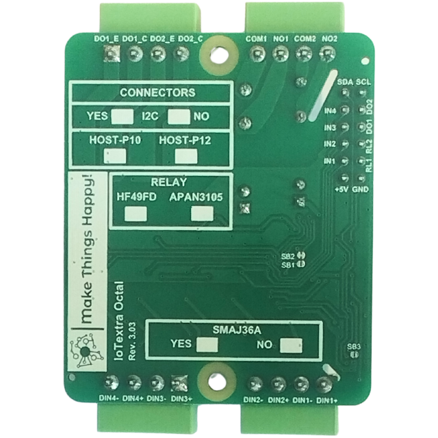 The IoTextra Octal hybrid module features 4 isolated digital inputs, 2 robust transistor outputs, and 2 SPST electromechanical relays. Input voltage: 5-36VDC. Versatile switching for both high-speed and high-load tasks. Compatible with Raspberry Pi, Raspberry Pi Pico, Arduino, ESP32, IoTsmart, and IoTbase. Open Source Hardware. Supports Node-RED, Tasmota, and MicroPython.