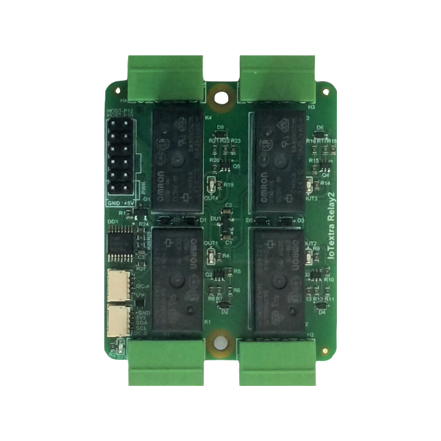 The IoTextra Relay2 module has four ALQ105, G5Q-14, HF33F/005-ZS3 or PE014005 relays. Rated resistive load: 10A 250VAC or 30VDC. Contact form: SPDT (1 Form C). Compatible with Raspberry, Arduino, Adafruit, XIAO, Teensy, Particle and and other platforms. Can be used with IoTsmart or IoTbase modules. Open Source Hardware, Raspberry PICO, ESP32-S3, MicroPython, CircuitPython, Node-RED, Blynk, IoT, IIoT, Industry 4.0, embedded, Automation, Smart Home