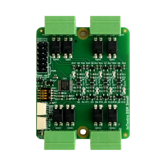 The IoTextra SSR Small module features 8 SPST-NO (1 Form A) SSRs. Load voltage: 30,40,60VDC,350VAC. Current: 0.12–4A. 5000Vrms isolation. Control via GPIO or I2C. Compatible with Raspberry, Arduino, Adafruit, XIAO, Teensy, Particle and other platforms. Can be used with IoTsmart or IoTbase modules. Open Source Hardware, Raspberry PICO, ESP32-S3, MicroPython, CircuitPython, Node-RED, Blynk, IoT, IIoT, Industry 4.0, embedded, Automation, Smart Home