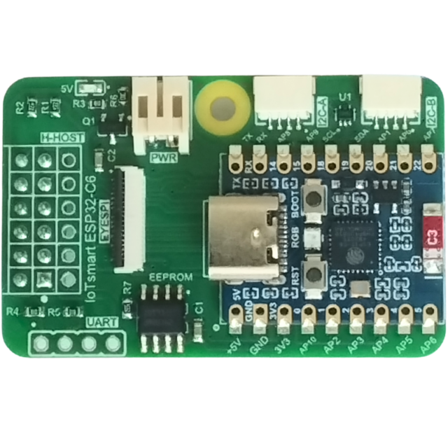 IoTsmart ESP32-C6 SoM controller — top side view. Espressif ESP32-C6, RISC-V, Wi-Fi 6, BLE 5, Zigbee 3.0, Thread. H-HOST connector, EYESPI display connector, dual Qwiic I²C. Open Source Hardware.
