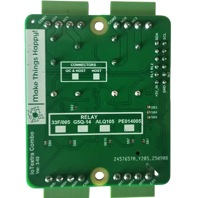 The IoTextra Combo module combines 2 analog differential inputs (via ADS1115, 16-bit) and 2 SPDT  relay outputs on a single board. Input via GPIO or I2C (via Qwiic connectors). Compatible with Raspberry, Arduino, Adafruit, XIAO, Teensy, Particle and other platforms. Can be used with IoTsmart or IoTbase modules. Open Source Hardware, Raspberry PICO, ESP32-S3, MicroPython, CircuitPython, Tasmota, Node-RED, Blynk, IoTflow, IoT, IIoT, Industry 4.0, embedded, Automation, Smart Home