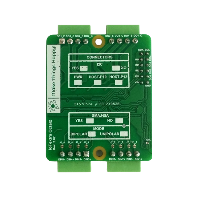 The IoTextra Octal2 features individually galvanically isolated 4 digital inputs and 4 outputs. Input voltage: 5-36VDC. Output types: open collector, NPN. Compatible with Raspberry, Arduino, Adafruit, XIAO, Teensy, Particle and other platforms. Can be used with IoTsmart or IoTbase modules. Open Source Hardware, Raspberry PICO, ESP32-S3, MicroPython, CircuitPython, Node-RED, Blynk, IoT, IIoT, Industry 4.0, embedded, Automation, Smart Home