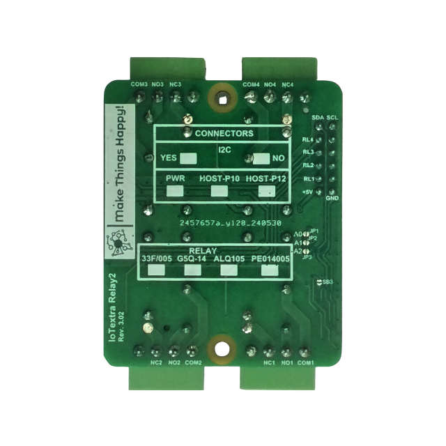 The IoTextra Relay2 module has four ALQ105, G5Q-14, HF33F/005-ZS3 or PE014005 relays. Rated resistive load: 10A 250VAC or 30VDC. Contact form: SPDT (1 Form C). Compatible with Raspberry, Arduino, Adafruit, XIAO, Teensy, Particle and and other platforms. Can be used with IoTsmart or IoTbase modules. Open Source Hardware, Raspberry PICO, ESP32-S3, MicroPython, CircuitPython, Node-RED, Blynk, IoT, IIoT, Industry 4.0, embedded, Automation, Smart Home