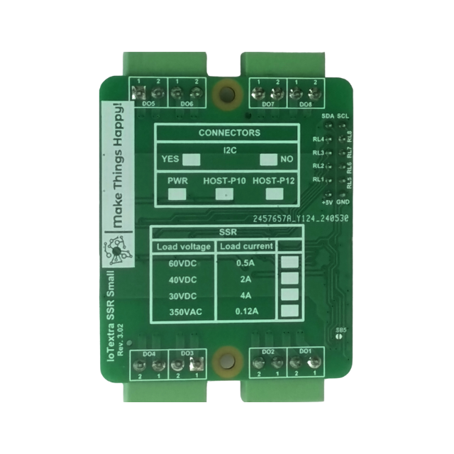 The IoTextra SSR Small module features 8 SPST-NO (1 Form A) SSRs. Load voltage: 30,40,60VDC,350VAC. Current: 0.12–4A. 5000Vrms isolation. Control via GPIO or I2C. Compatible with Raspberry, Arduino, Adafruit, XIAO, Teensy, Particle and other platforms. Can be used with IoTsmart or IoTbase modules. Open Source Hardware, Raspberry PICO, ESP32-S3, MicroPython, CircuitPython, Node-RED, Blynk, IoT, IIoT, Industry 4.0, embedded, Automation, Smart Home