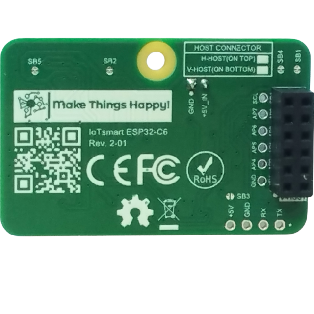 IoTsmart ESP32-C6 SoM controller — bottom side view showing V-HOST connector, onboard EEPROM, and USB Type-C port. Open Source Hardware.