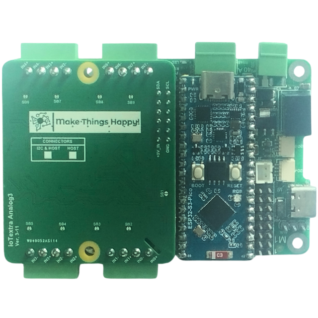 The IoTextra Analog3 module provides 8 high-speed differential analog input channels via ADS7828 (12-bit ADC, I2C) on a single board. Input via I2C (via Qwiic connectors). Compatible with Raspberry, Arduino, Adafruit, XIAO, Teensy, Particle and other platforms. Can be used with IoTsmart or IoTbase modules. Open Source Hardware, Raspberry PICO, ESP32-S3, MicroPython, CircuitPython, Tasmota, Node-RED, Blynk, IoTflow, IoT, IIoT, Industry 4.0, embedded, Automation, Smart Home