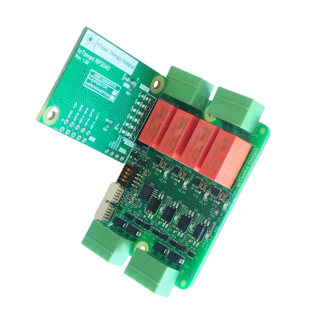 IoTextra Octal3 — 4-channel isolated digital input and 4-channel latching DPDT relay module. Supply voltage: 5VDC, relay contacts up to 250VAC / 220VDC / 2A. Digital inputs up to 36VDC. Control via GPIO (inputs) and I²C / TCA9534A / DRV8837C (relay outputs). Compatible with ESP32-S3, RP2350, RP2040, Raspberry Pi, and IoTsmart. Supports Node-RED, IoTflow, Tasmota, and Home Assistant. Open Source Hardware.