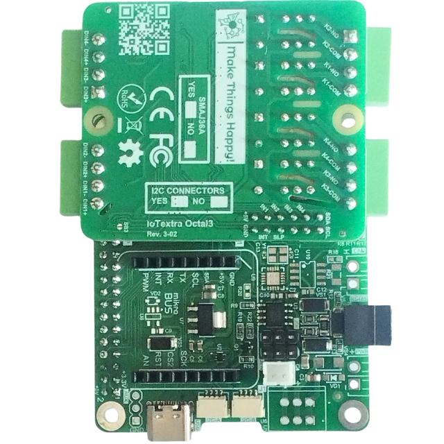 The IoTbase RPi is a carrier board for Raspberry Pi with a 12-pin HOST connector for IoTextra mezzanines, a mikroBUS™ slot, two Qwiic I2C connectors, and an optional RS485 interface. Non-isolated 9-36VDC or USB input power, EEPROM 8/64 Kbit, HAT-compatible 40-pin connector. Open Source Hardware, IoT, IIoT, Industry 4.0, embedded, Automation, Smart Home, Node-RED, Blynk, IoTflow, Python, Raspberry Pi OS