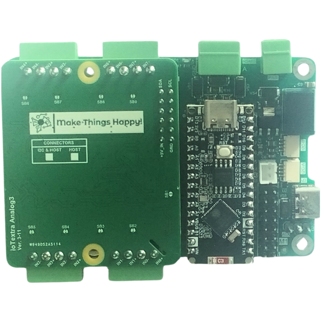 The IoTextra Analog3 module provides 8 high-speed differential analog input channels via ADS7828 (12-bit ADC, I2C) on a single board. Input via I2C (via Qwiic connectors). Compatible with Raspberry, Arduino, Adafruit, XIAO, Teensy, Particle and other platforms. Can be used with IoTsmart or IoTbase modules. Open Source Hardware, Raspberry PICO, ESP32-S3, MicroPython, CircuitPython, Tasmota, Node-RED, Blynk, IoTflow, IoT, IIoT, Industry 4.0, embedded, Automation, Smart Home