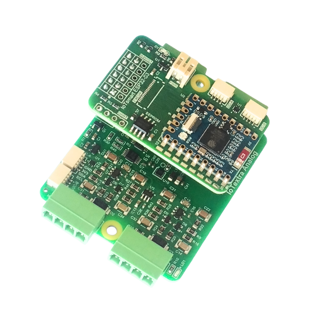 The IoTextra Analog module provides 4 differential analog input channels via two ADS1115 (16-bit ADC) on a single board. Input via GPIO or I2C (via Qwiic connectors). Compatible with Raspberry, Arduino, Adafruit, XIAO, Teensy, Particle and other platforms. Can be used with IoTsmart or IoTbase modules. Open Source Hardware, Raspberry PICO, ESP32-S3, MicroPython, CircuitPython, Tasmota, Node-RED, Blynk, IoTflow, IoT, IIoT, Industry 4.0, embedded, Automation, Smart Home