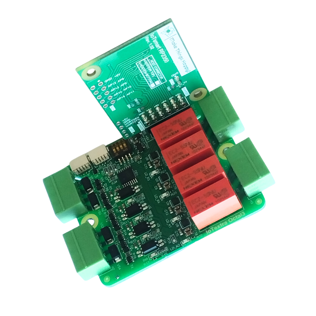 IoTextra Octal3 — 4-channel isolated digital input and 4-channel latching DPDT relay module. Supply voltage: 5VDC, relay contacts up to 250VAC / 220VDC / 2A. Digital inputs up to 36VDC. Control via GPIO (inputs) and I²C / TCA9534A / DRV8837C (relay outputs). Compatible with ESP32-S3, RP2350, RP2040, Raspberry Pi, and IoTsmart. Supports Node-RED, IoTflow, Tasmota, and Home Assistant. Open Source Hardware.
