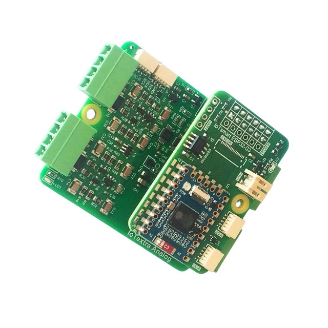 The IoTextra Analog module provides 4 differential analog input channels via two ADS1115 (16-bit ADC) on a single board. Input via GPIO or I2C (via Qwiic connectors). Compatible with Raspberry, Arduino, Adafruit, XIAO, Teensy, Particle and other platforms. Can be used with IoTsmart or IoTbase modules. Open Source Hardware, Raspberry PICO, ESP32-S3, MicroPython, CircuitPython, Tasmota, Node-RED, Blynk, IoTflow, IoT, IIoT, Industry 4.0, embedded, Automation, Smart Home