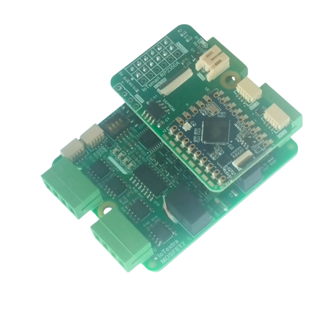 IoTextra MOSFET2 — 8-channel galvanically isolated N-channel MOSFET output module. Supply voltage: 5VDC, load up to 90V/9A, PWM capable. Control via GPIO or I²C (TCA9534). Compatible with ESP32-S3, RP2350, RP2040, Raspberry Pi, and IoTsmart. Supports Node-RED, IoTflow, Tasmota, and Home Assistant. Open Source Hardware.