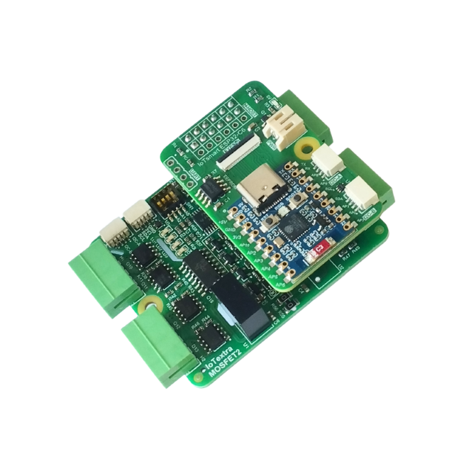 IoTsmart ESP32-C6 combined with IoTextra MOSFET2 — 8-channel galvanically isolated N-channel MOSFET output module. Supply voltage: 5VDC, load up to 90V/9A, PWM capable. Control via GPIO or I²C (TCA9534). Wi-Fi 6, BLE 5, Zigbee/Thread wireless SoM. Supports Node-RED, IoTflow, Tasmota, and Home Assistant. Open Source Hardware.