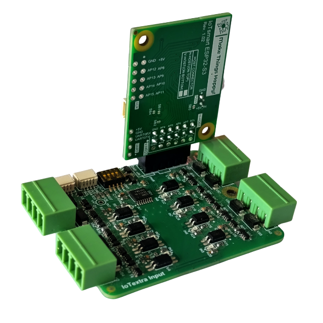 The IoTextra Input module is 8 galvanically isolated digital input channels. The input signal level is 24 V. Input via GPIO or I2C (via Qwiic connectors and TCA9534). Compatible with Raspberry, Arduino, Adafruit, XIAO, Teensy, Particle and other platforms. Can be used with IoTsmart or IoTbase modules. IoTsmart ESP32-S3. Open Source Hardware, Raspberry PICO, ESP32-S3, MicroPython, CircuitPython, Node-RED, Blynk, IoT, IIoT, Industry 4.0, embedded, Automation, Smart Home