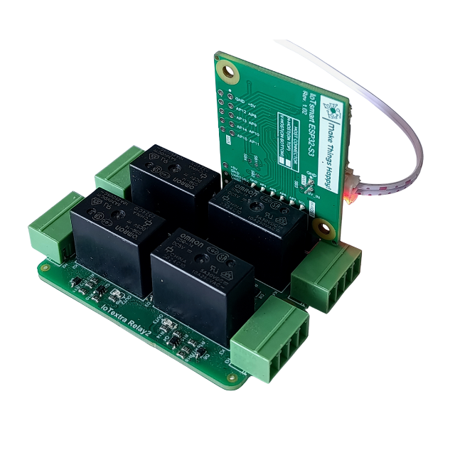 The IoTextra Relay2 module has four ALQ105, G5Q-14, HF33F/005-ZS3 or PE014005 relays. Rated resistive load: 10A 250VAC or 30VDC. Contact form: SPDT (1 Form C). Compatible with Raspberry, Arduino, Adafruit, XIAO, Teensy, Particle and other platforms. Can be used with IoTsmart or IoTbase modules. IoTsmart RP2040. Open Source Hardware, Raspberry PICO, ESP32-S3, MicroPython, CircuitPython, Node-RED, Blynk, IoT, IIoT, Industry 4.0, embedded, Automation, Smart Home