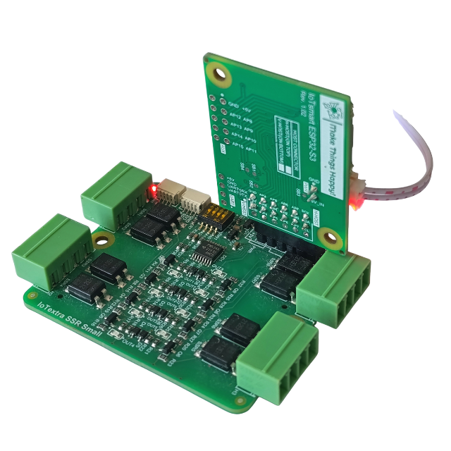 The IoTextra SSR Small module features 8 SPST-NO (1 Form A) SSRs. Load voltage: 30,40,60VDC,350VAC. Current: 0.12–4A. 5000Vrms isolation. Control via GPIO or I2C. Compatible with Raspberry, Arduino, Adafruit, XIAO, Teensy, Particle and other platforms. Can be used with IoTsmart or IoTbase modules. IoTsmart ESP32-S3. Open Source Hardware, Raspberry PICO, ESP32-S3, MicroPython, CircuitPython, Node-RED, Blynk, IoT, IIoT, Industry 4.0, embedded, Automation, Smart Home
