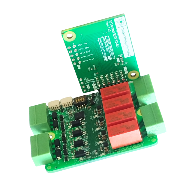IoTextra Octal3 — 4-channel isolated digital input and 4-channel latching DPDT relay module. Supply voltage: 5VDC, relay contacts up to 250VAC / 220VDC / 2A. Digital inputs up to 36VDC. Control via GPIO (inputs) and I²C / TCA9534A / DRV8837C (relay outputs). Compatible with ESP32-S3, RP2350, RP2040, Raspberry Pi, and IoTsmart. Supports Node-RED, IoTflow, Tasmota, and Home Assistant. Open Source Hardware.