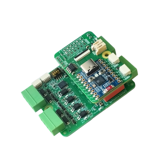 IoTsmart ESP32-C6 combined with IoTextra Octal3 — 4 isolated digital inputs plus 4 bistable latching relay outputs with zero coil holding current. Wi-Fi 6, BLE 5, Zigbee/Thread wireless SoM. Supports Node-RED, IoTflow, Tasmota, and Home Assistant. Open Source Hardware.