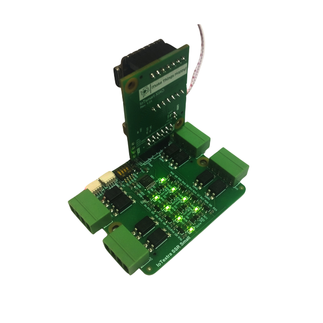 The IoTextra SSR Small module features 8 SPST-NO (1 Form A) SSRs. Load voltage: 30,40,60VDC,350VAC. Current: 0.12–4A. 5000Vrms isolation. Control via GPIO or I2C. Compatible with Raspberry, Arduino, Adafruit, XIAO, Teensy, Particle and other platforms. Can be used with IoTsmart or IoTbase modules. IoTsmart XIAO, Seeed Studio. Open Source Hardware, Raspberry PICO, ESP32-S3, MicroPython, CircuitPython, Node-RED, Blynk, IoT, IIoT, Industry 4.0, embedded, Automation, Smart Home