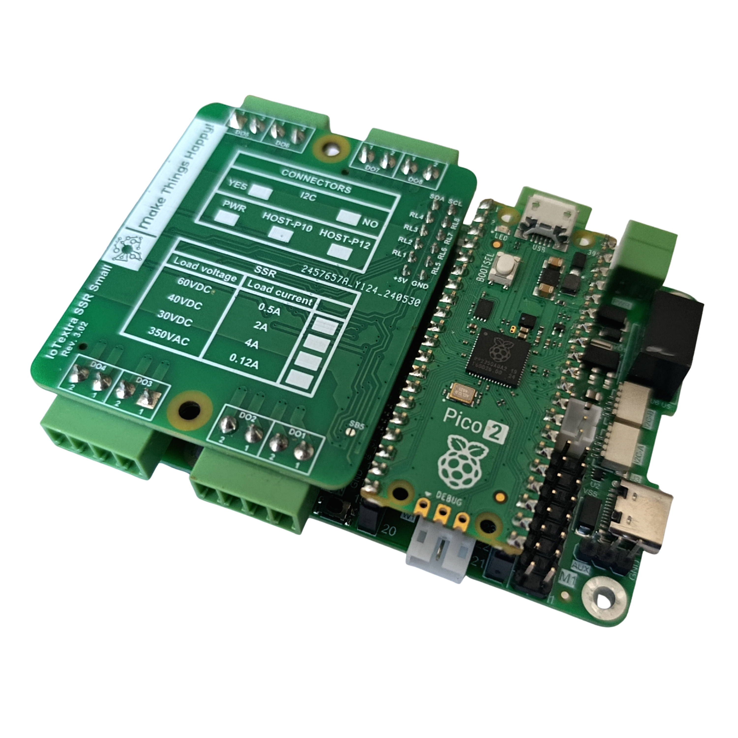 The IoTextra SSR Small module features 8 SPST-NO (1 Form A) SSRs. Load voltage: 30,40,60VDC,350VAC. Current: 0.12–4A. 5000Vrms isolation. Control via GPIO or I2C. Compatible with Raspberry, Arduino, Adafruit, XIAO, Teensy, Particle and other platforms. Can be used with IoTsmart or IoTbase modules. IoTbase PICO, Raspberry PICO2, RP2350A. Open Source Hardware, Raspberry PICO, ESP32-S3, MicroPython, CircuitPython, Node-RED, Blynk, IoT, IIoT, Industry 4.0, embedded, Automation, Smart Home