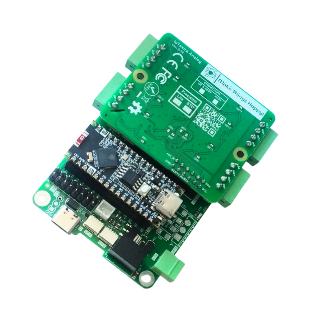 The IoTextra Analog module provides 4 differential analog input channels via two ADS1115 (16-bit ADC) on a single board. Input via GPIO or I2C (via Qwiic connectors). Compatible with Raspberry, Arduino, Adafruit, XIAO, Teensy, Particle and other platforms. Can be used with IoTsmart or IoTbase modules. Open Source Hardware, Raspberry PICO, ESP32-S3, MicroPython, CircuitPython, Tasmota, Node-RED, Blynk, IoTflow, IoT, IIoT, Industry 4.0, embedded, Automation, Smart Home