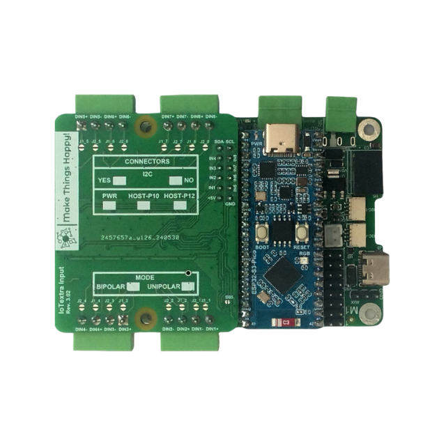 The IoTextra Input module is 8 galvanically isolated digital input channels. The input signal level is 24 V. Input via GPIO or I2C (via Qwiic connectors and TCA9534). Compatible with Raspberry, Arduino, Adafruit, XIAO, Teensy, Particle and other platforms. Can be used with IoTsmart or IoTbase modules. IoTbase PICO, RP2040 Plus. Open Source Hardware, Raspberry PICO, ESP32-S3, MicroPython, CircuitPython, Node-RED, Blynk, IoT, IIoT, Industry 4.0, embedded, Automation, Smart Home