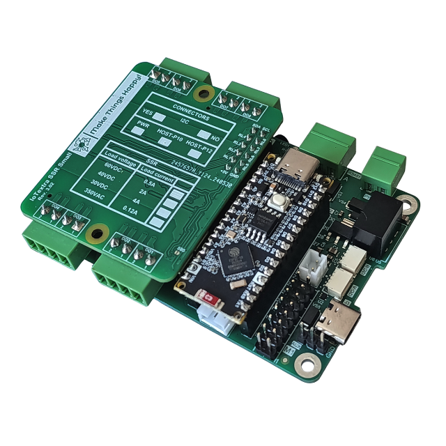 The IoTextra SSR Small module features 8 SPST-NO (1 Form A) SSRs. Load voltage: 30,40,60VDC,350VAC. Current: 0.12–4A. 5000Vrms isolation. Control via GPIO or I2C. Compatible with Raspberry, Arduino, Adafruit, XIAO, Teensy, Particle and other platforms. Can be used with IoTsmart or IoTbase modules. IoTbase NANO, Arduino Nano ESP32. Open Source Hardware, Raspberry PICO, ESP32-S3, MicroPython, CircuitPython, Node-RED, Blynk, IoT, IIoT, Industry 4.0, embedded, Automation, Smart Home