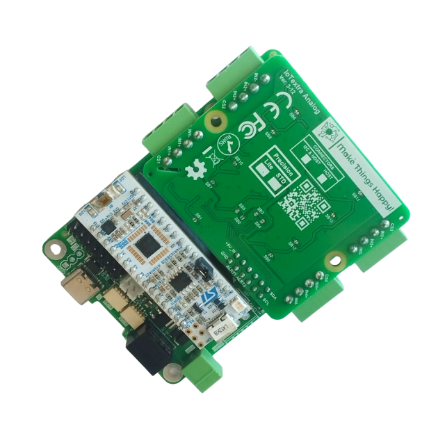 The IoTextra Analog module provides 4 differential analog input channels via two ADS1115 (16-bit ADC) on a single board. Input via GPIO or I2C (via Qwiic connectors). Compatible with Raspberry, Arduino, Adafruit, XIAO, Teensy, Particle and other platforms. Can be used with IoTsmart or IoTbase modules. Open Source Hardware, Raspberry PICO, ESP32-S3, MicroPython, CircuitPython, Tasmota, Node-RED, Blynk, IoTflow, IoT, IIoT, Industry 4.0, embedded, Automation, Smart Home, ST, STM. Nucleo-32