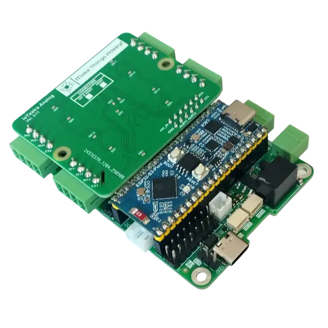 The IoTextra Analog module provides 4 differential analog input channels via two ADS1115 (16-bit ADC) on a single board. Input via GPIO or I2C (via Qwiic connectors). Compatible with Raspberry, Arduino, Adafruit, XIAO, Teensy, Particle and other platforms. Can be used with IoTsmart or IoTbase modules. Open Source Hardware, Raspberry PICO, ESP32-S3, MicroPython, CircuitPython, Tasmota, Node-RED, Blynk, IoTflow, IoT, IIoT, Industry 4.0, embedded, Automation, Smart Home