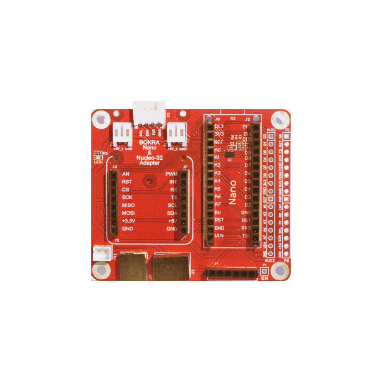 Arduino Nano Adaptor - Arduino Nano, Arduino Nano 33, Arduino Nano RP2040 Connect, Arduino Nano ESP32, Arduino Nano Matter, STM32 Nucleo-32, Waveshare, mikroBUS, Click boards, MikroElektronika,ESP-M3, LM75B, I2C, Open Source Hardware, IoT, IIoT, Industry 4.0, embedded, Automation, Smart Home, MicroPython, CircuitPython